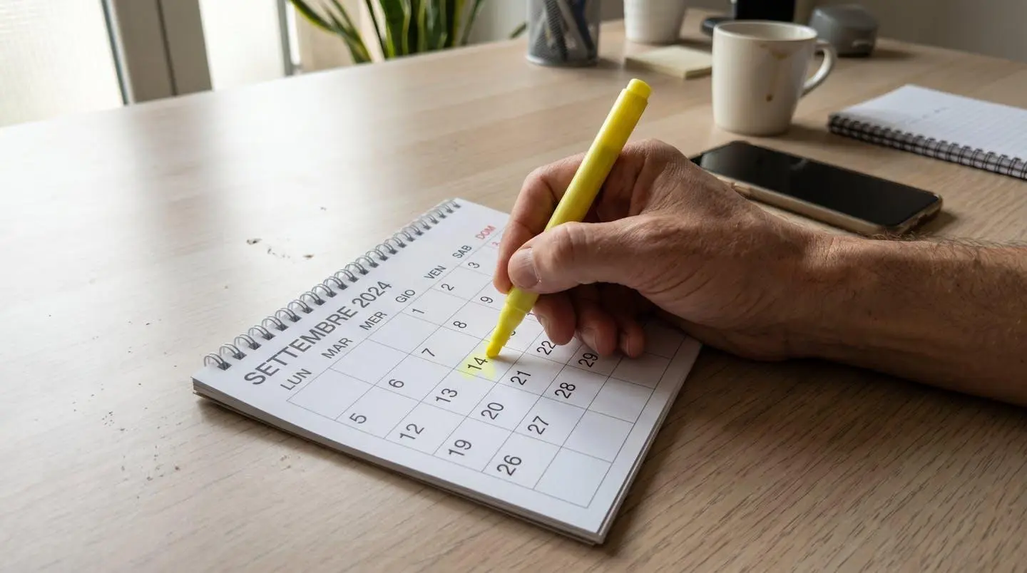 Nahaufnahme einer Hand, die mit einem leuchtend gelben Textmarker mehrere Daten auf einem modernen Wandkalender markiert