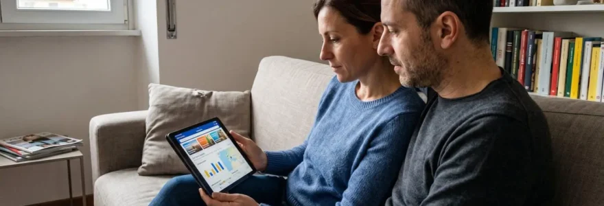 Ein Paar mittleren Alters sitzt entspannt auf einem modernen Sofa und blickt gemeinsam auf ein Tablet, das einer der beiden in der Hand hält