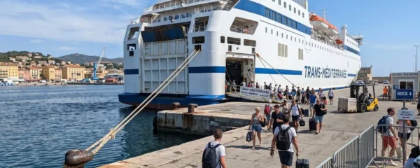 Moderne weiß-blaue Passagierfähre am sonnigen Mittelmeerhafen kurz vor Abfahrt nach Korsika