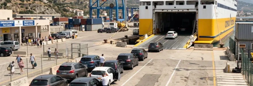 Moderne weiß-blaue Passagierfähre am sonnigen Mittelmeerhafen kurz vor Abfahrt nach Korsika