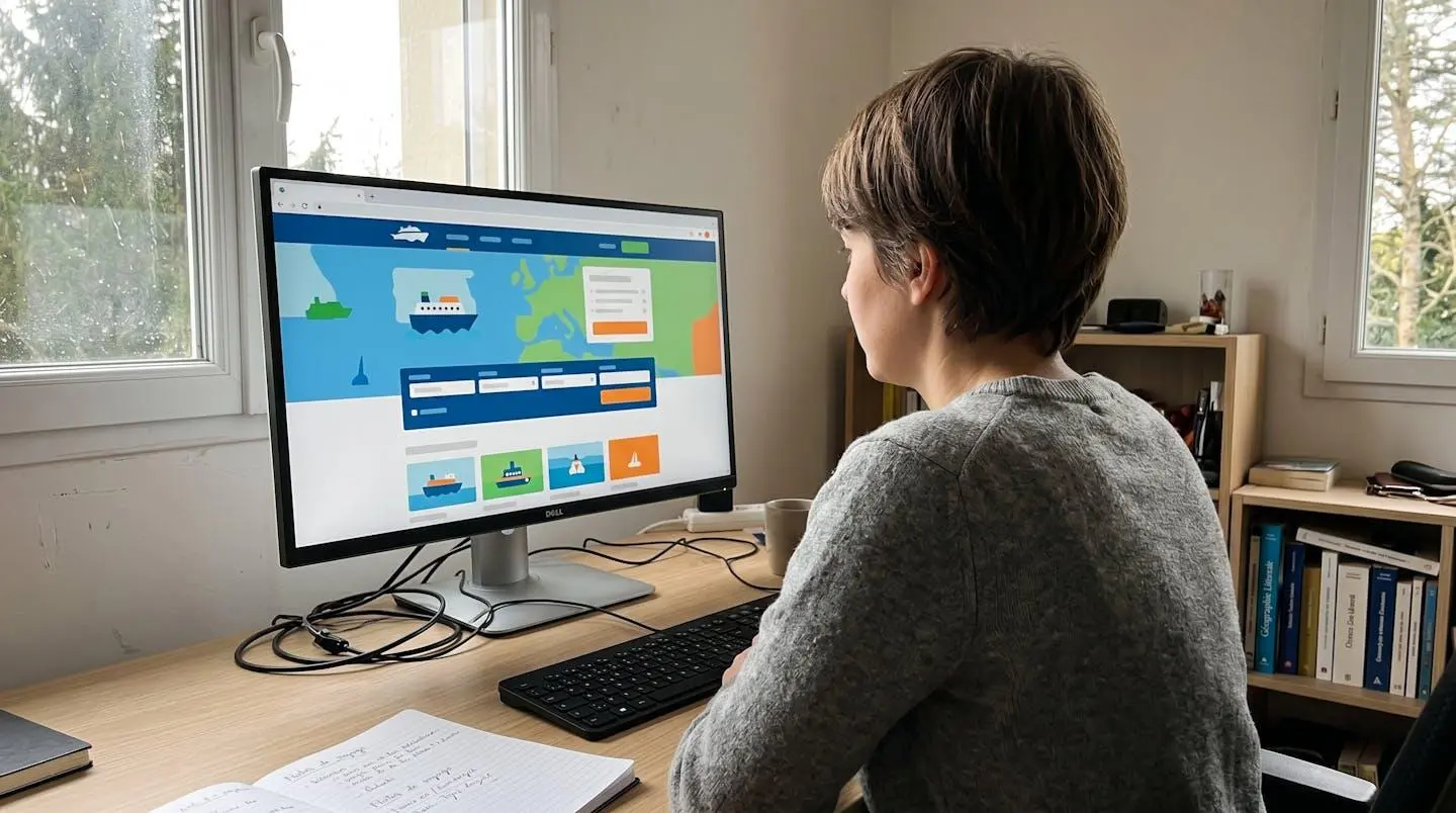 Person von hinten am modernen Schreibtisch recherchiert Fährpreise nach Korsika auf Computer bei Tageslicht