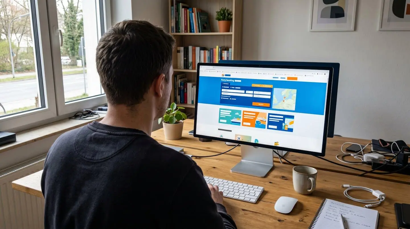Person von hinten am modernen Schreibtisch recherchiert Fährpreise nach Korsika auf Computer bei Tageslicht